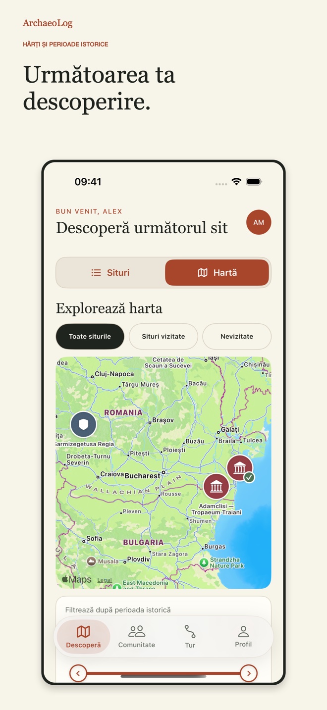 Harta ArchaeoLog cu filtre după perioada istorică